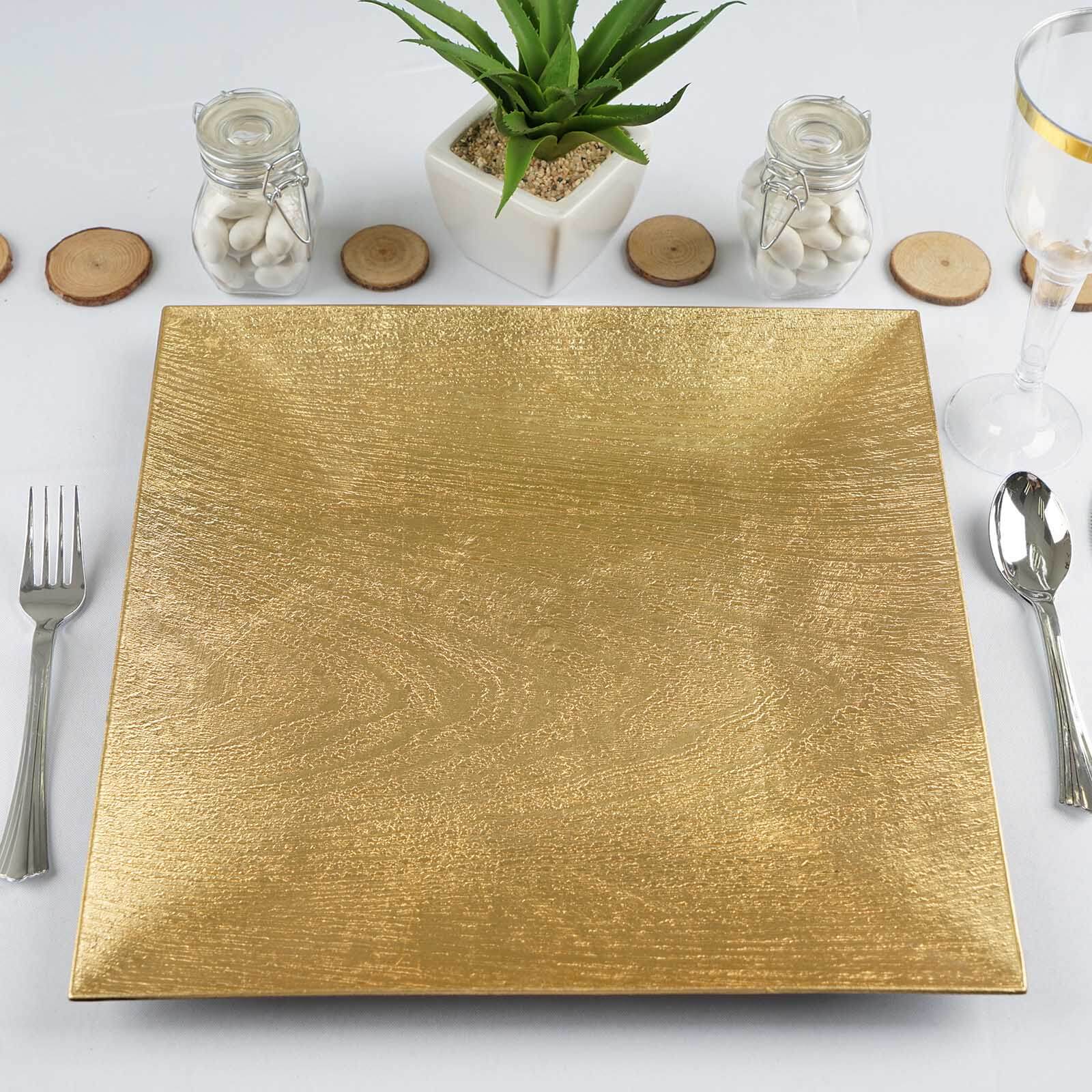 6-Pack Acrylic Charger Plates 12" Square Gold with Embossed Wood Grain - Boho Chic Dinner Party Decor Charger Tableware
